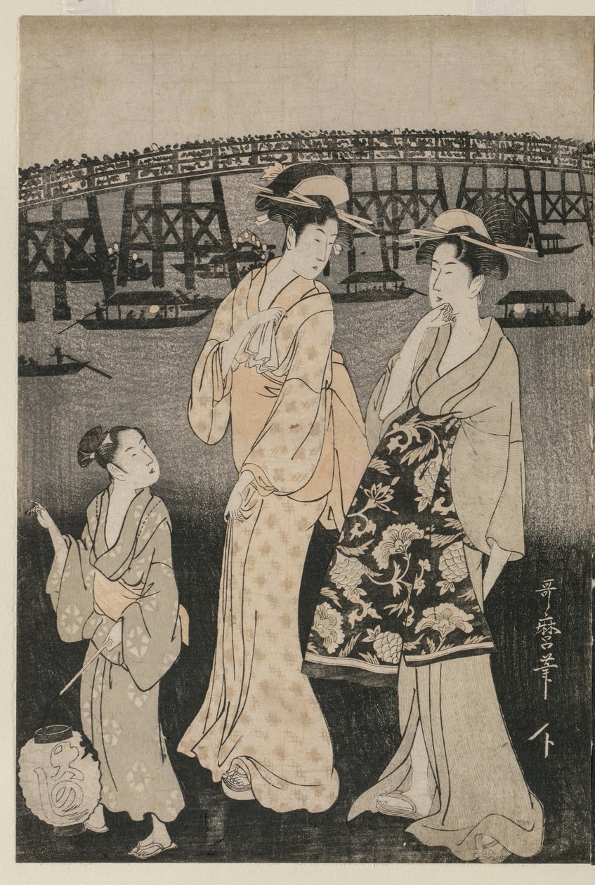 Kvinner nyter den kjølige kvelden nær Ryogoku-broen av Kitagawa Utamaro
