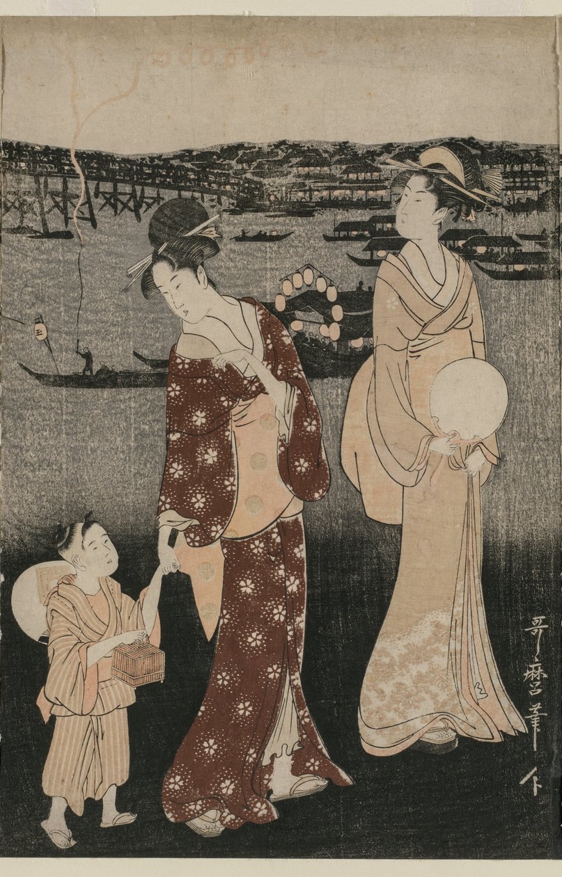 Kvinner nyter den kjølige kvelden nær Ryogoku-broen av Kitagawa Utamaro