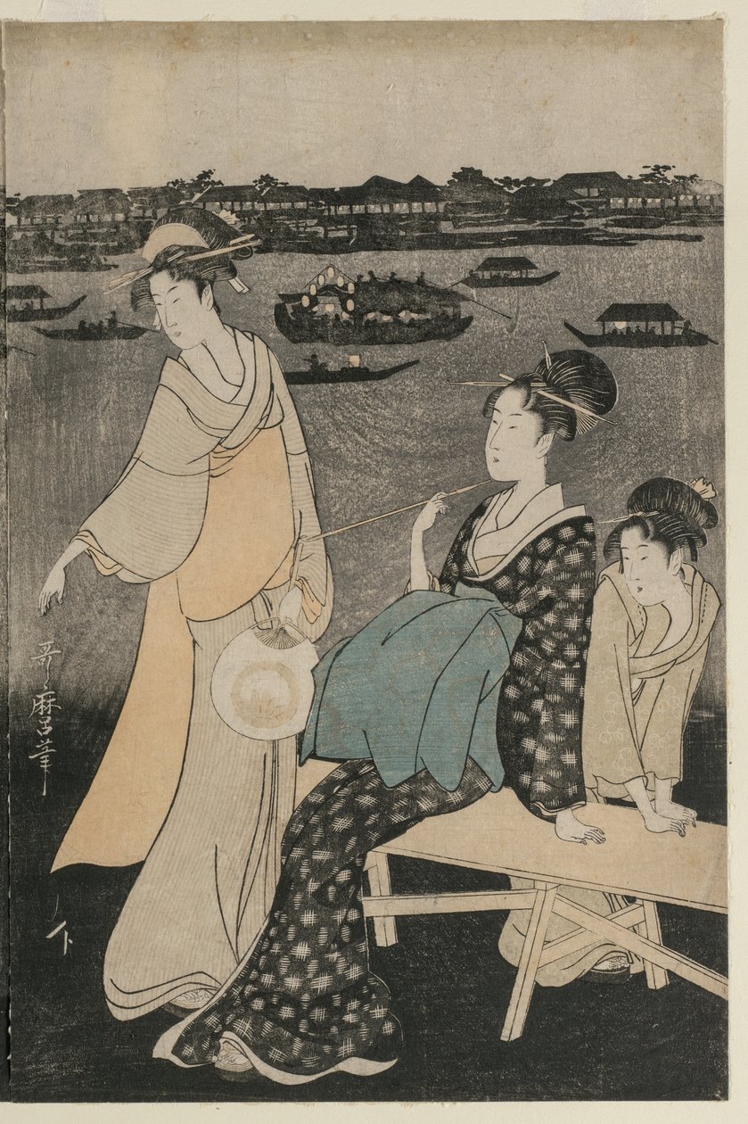 Kvinner nyter den kjølige kvelden nær Ryogoku-broen av Kitagawa Utamaro