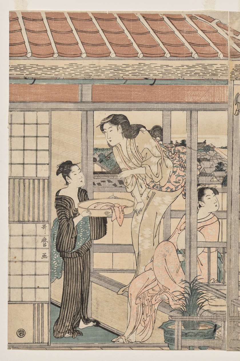 Kvinner henger klesvask til tørk på en balkong av Kitagawa Utamaro