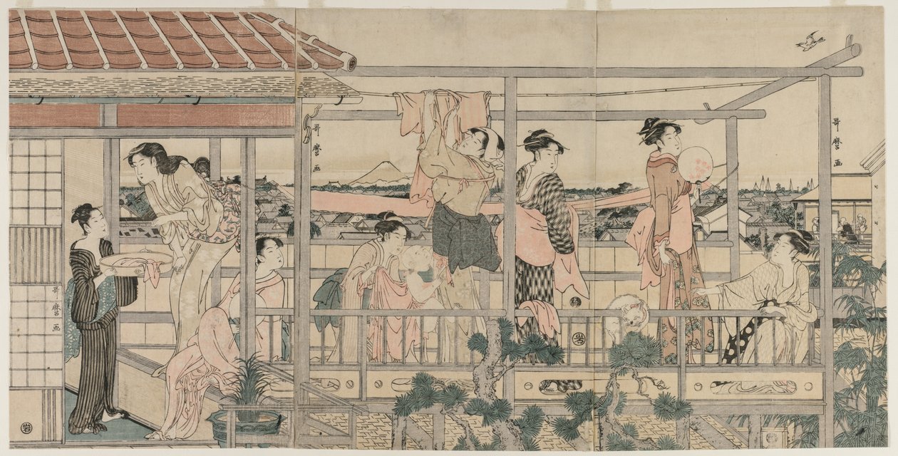 Kvinner henger klesvask til tørk på en balkong av Kitagawa Utamaro