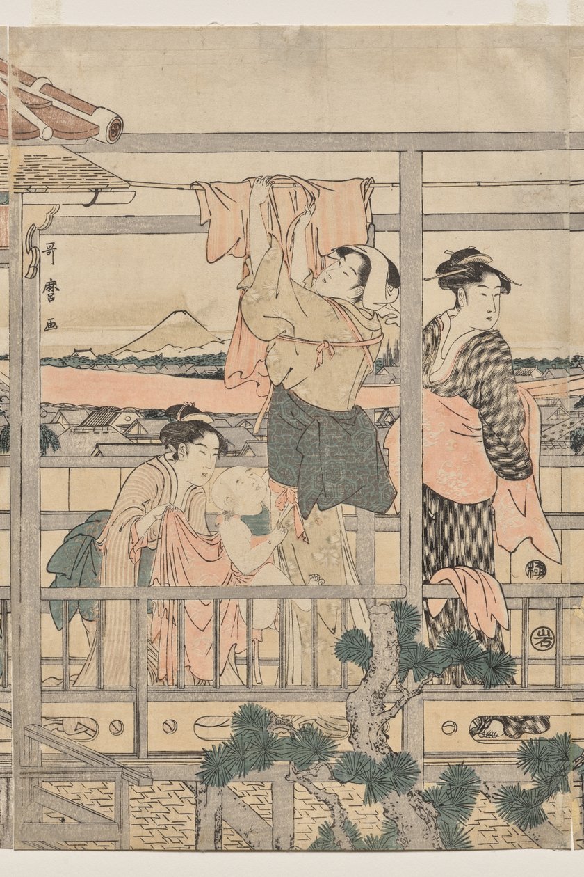 Kvinner henger klesvask til tørk på en balkong av Kitagawa Utamaro