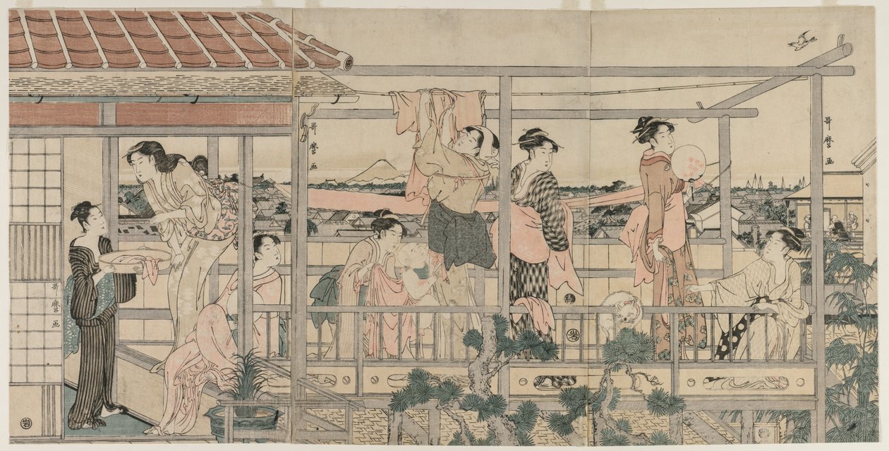 Kvinner henger klesvask til tørk på en balkong, tidlig på 1790-tallet. av Kitagawa Utamaro