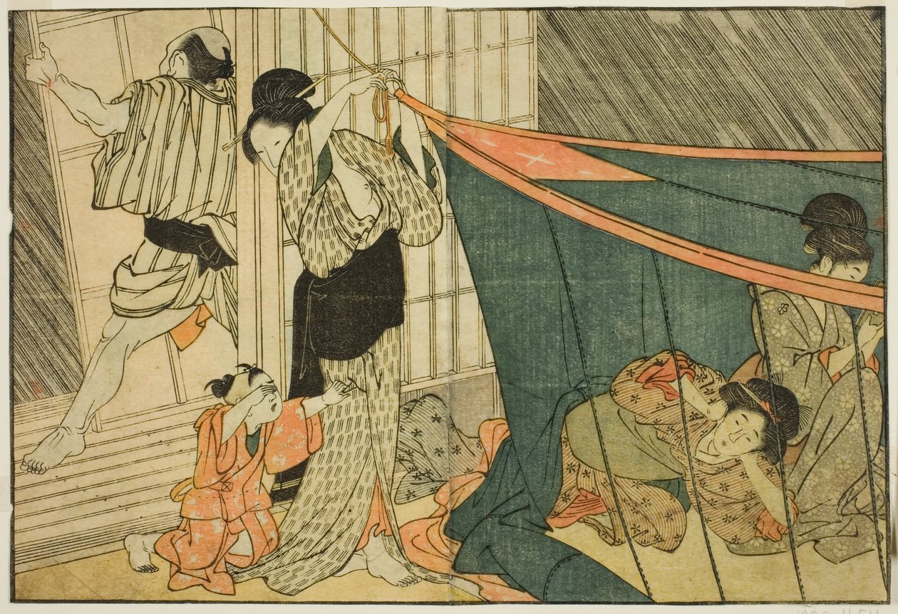 Kvinner inne i et myggnett under et tordenvær, fra den illustrerte boken "Picture Book: Flowers of the Four Seasons (Ehon shiki no hana)," vol. 1 av Kitagawa Utamaro