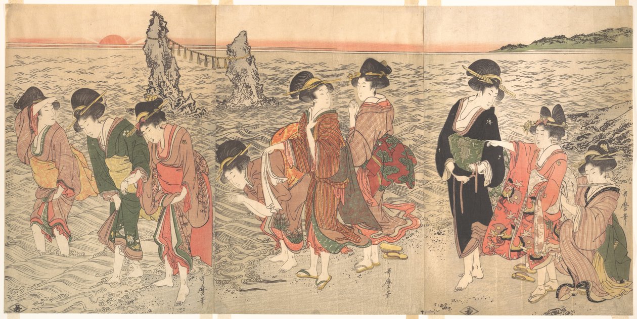 Kvinner som tilber den oppgående solen mellom tvillingklippene ved Ise av Kitagawa Utamaro