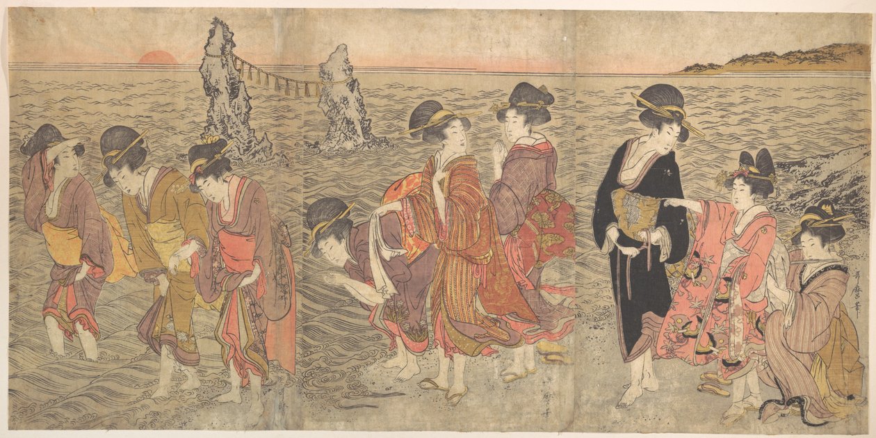 Kvinner som tilber den oppgående solen mellom tvillingklippene ved Ise av Kitagawa Utamaro