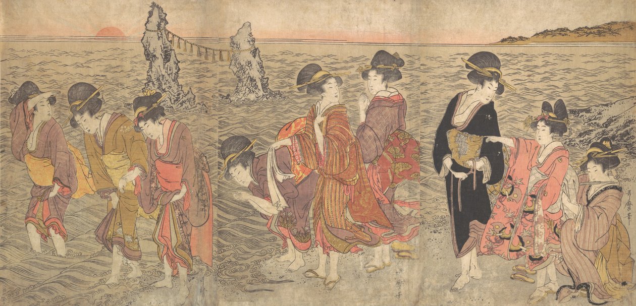 Kvinner som tilber den stigende solen mellom tvillingsteinene ved Ise, sent på 1700-tallet - begynnelsen av 1800-tallet. av Kitagawa Utamaro