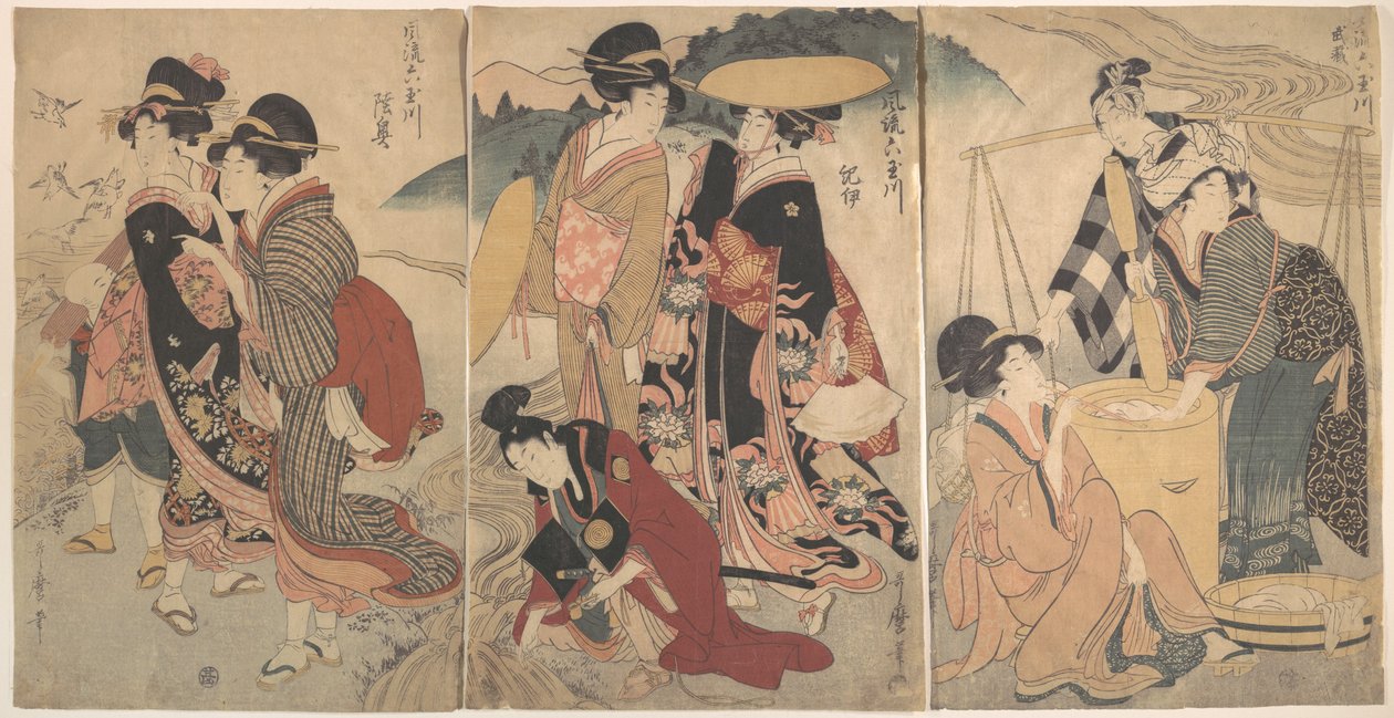 Kvinner og en mann på landet; et slags opptog(?) av Kitagawa Utamaro