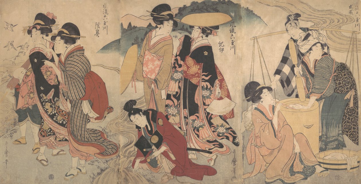 Kvinner og en mann på landet, noen konkurranser, sent på 1700- og begynnelsen av 1800-tallet. av Kitagawa Utamaro