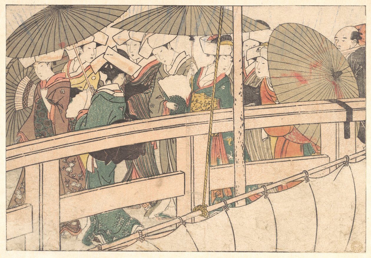 Kvinner på en bro, fra den illustrerte boken Blomster fra de fire årstidene av Kitagawa Utamaro