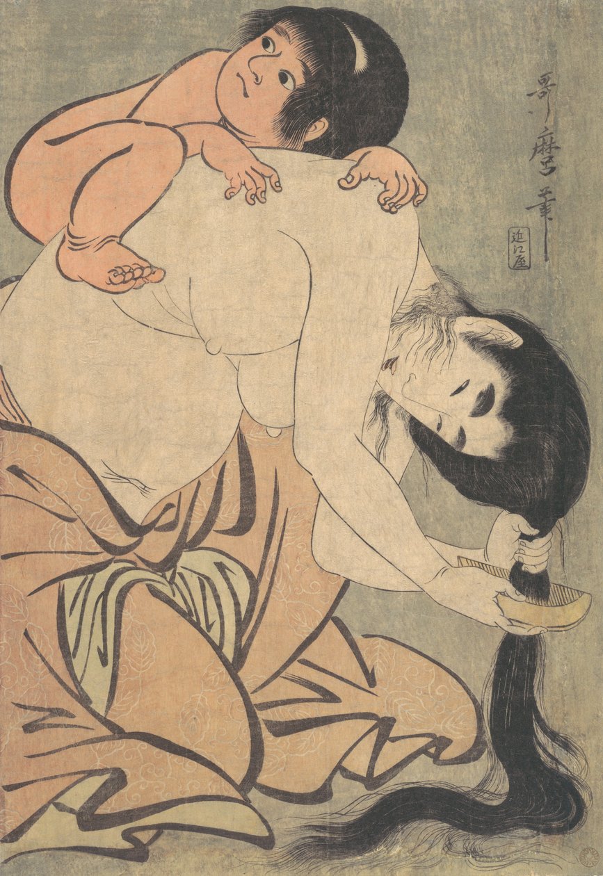 Yamauba kjemmer håret, og Kintoki, ca. 1801. av Kitagawa Utamaro