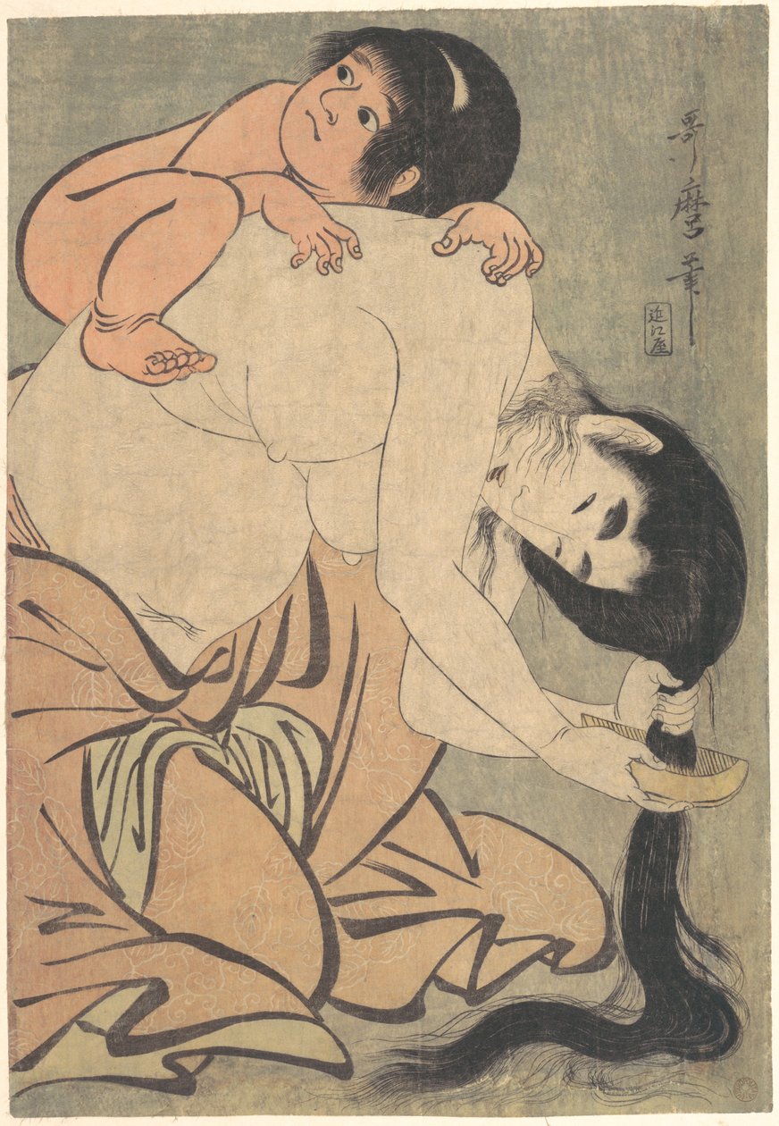 Yamauba grer håret sitt med Kintarō av Kitagawa Utamaro