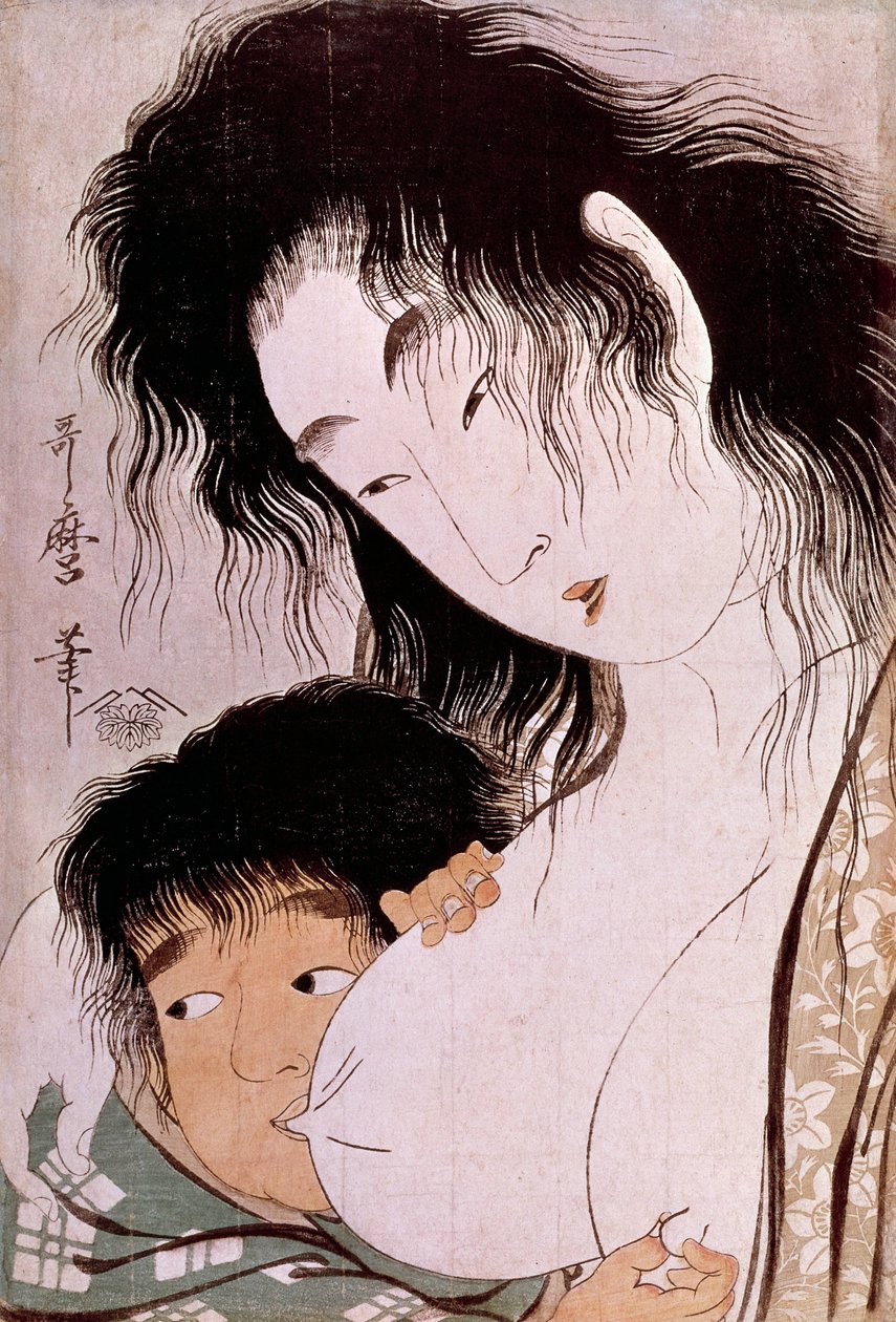 Yamauba og Kintaro: det tetee japanske trykket av Utamaro Kitagawa (1753-1806). Sol. 0,37x0,25 m. 1801-1803. Paris, Guimet-museet, Nasjonalmuseet for asiatisk kunst av Kitagawa Utamaro