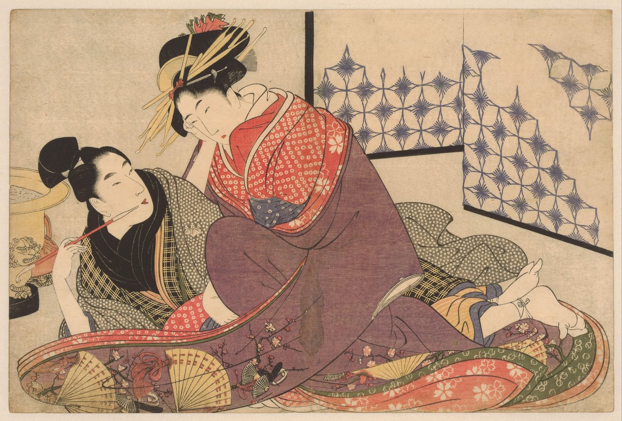 Ung mann som røyker med en kurtisane Jonge mann møtte hoffmann Negai no itoguchi (serietittel) av Kitagawa Utamaro