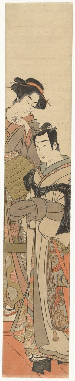 En kvinne med en ung mann forkledd Jonge mann met rieten hoed en dame av Kitao Masanobu (attributed to)
