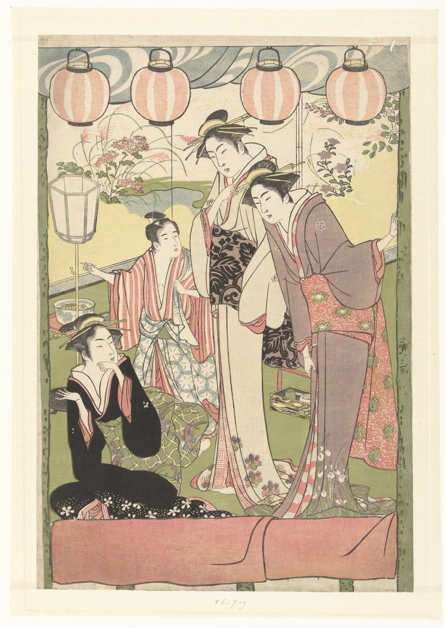 Tre kvinner og en gutt under lykter av Kitao Masanobu (attributed to)