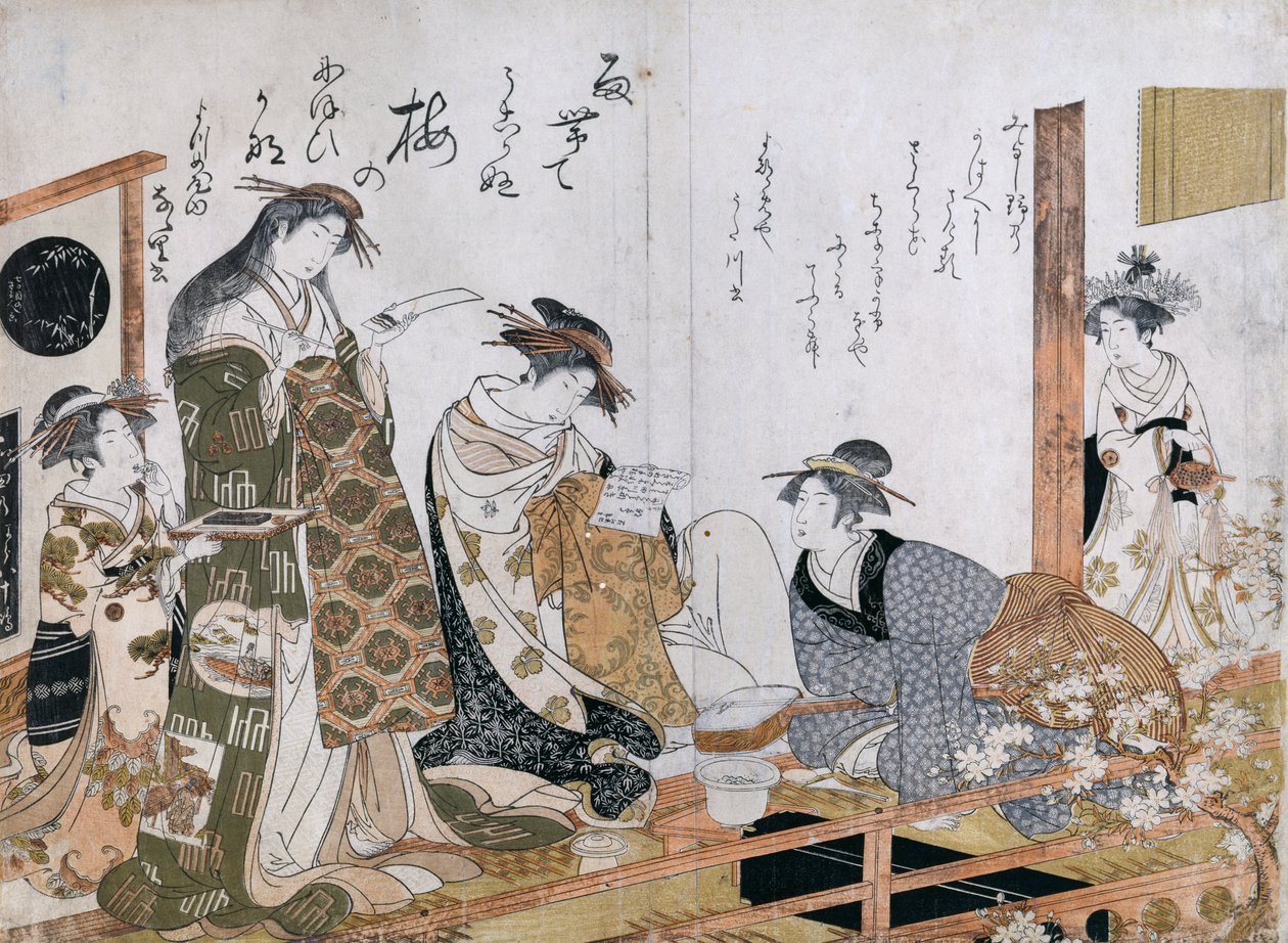 Kurtisaner iført kimonoer, illustrasjon fra kurtisanene Utagawa og Nanasato fra Yotsuba House av Kitao Masanobu
