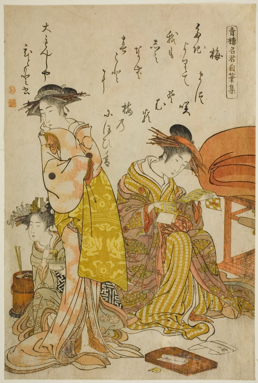Courtesan Hitomoto fra Daimonjiya, fra albumet "Comparing New Beauties of the Yoshiwara - A Mirror of Their Own Writings (Keisei shin bijin awase jikihitsu kagami)" av Kitao Masanobu