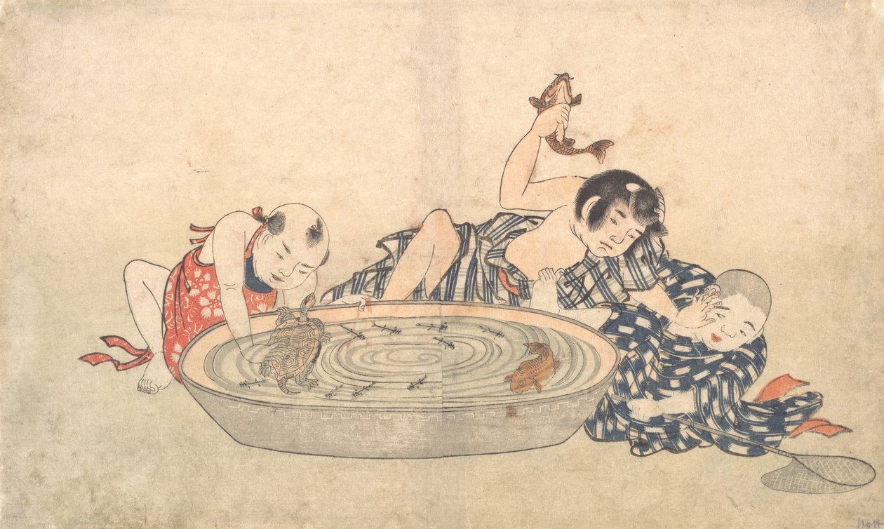 Gutter som leker med et basseng med fisk og skilpadder, tidlig på 1800-tallet. av Kitao Shigemasa