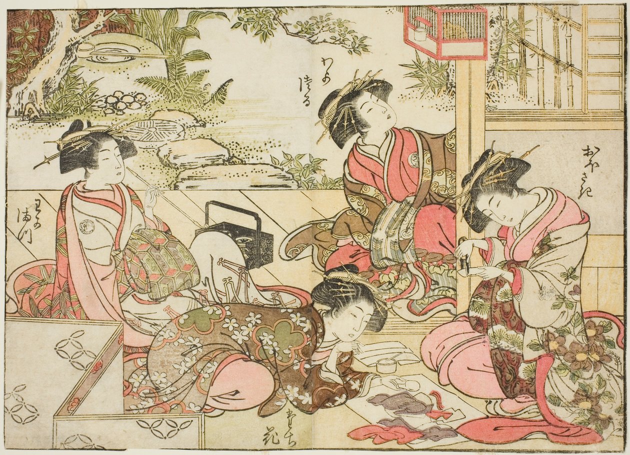 Kurtisaner fra Otawaraya, fra boken "Mirror of Beautiful Women of the Pleasure Quarters (Seiro bijin awase sugata kagami)," vol. 2 av Kitao Shigemasa