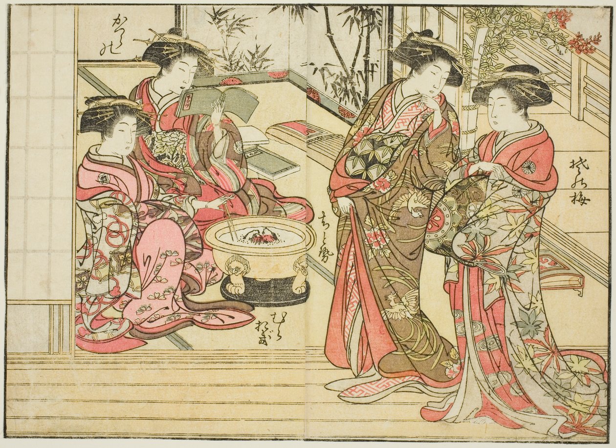 Courtesans of Otawaraya, from the book "Mirror of Beautiful Women of the Pleasure Quarters (Seiro bijin awase sugata kagami)," vol. 2   1292929   no       norwegian Successfully Translated  Original: Landscape in the Style of Ancient Masters: after Wang Me av Kitao Shigemasa