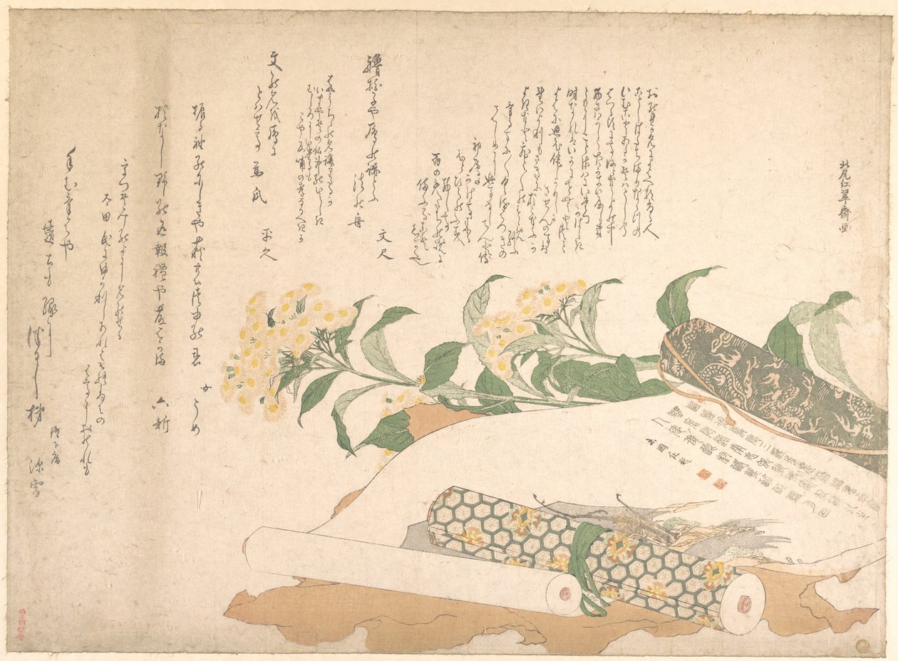 Tusenfryd og to makimono av Kitao Shigemasa