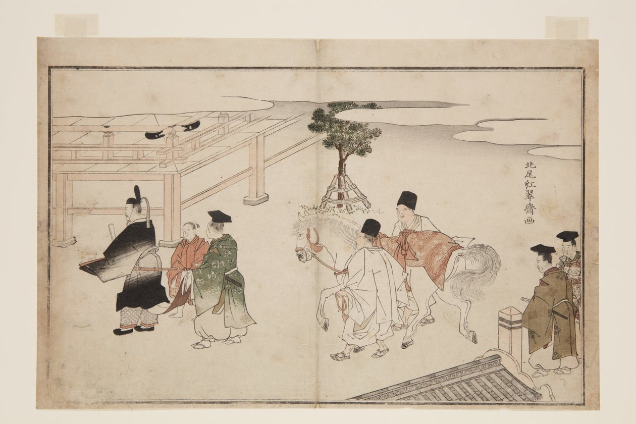 Nyttårspresentasjon av en hvit hest (farget treblokktrykk) av Kitao Shigemasa
