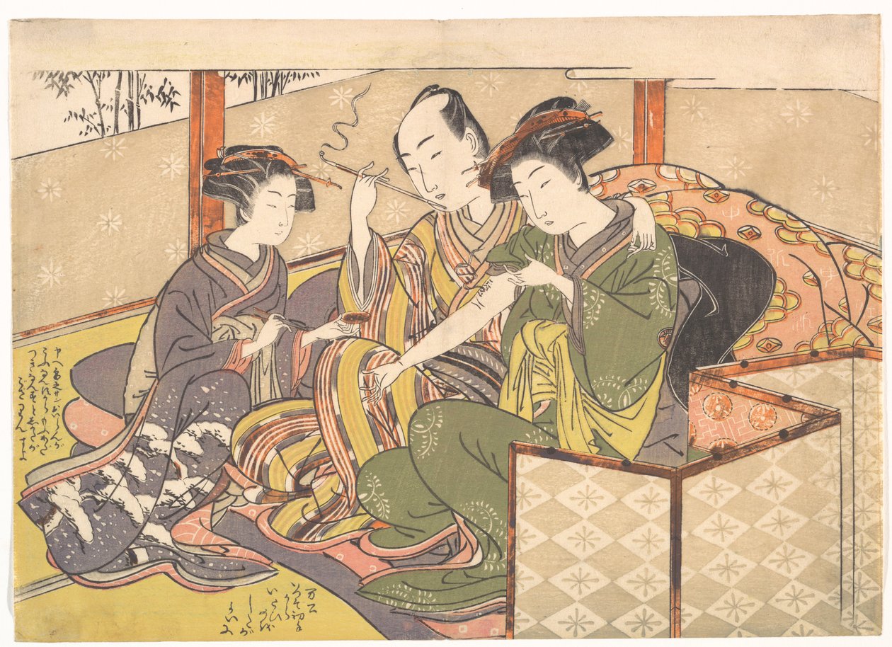 Tjenestekvinne som påfører medisin på armen til en geisha av Kitao Shigemasa