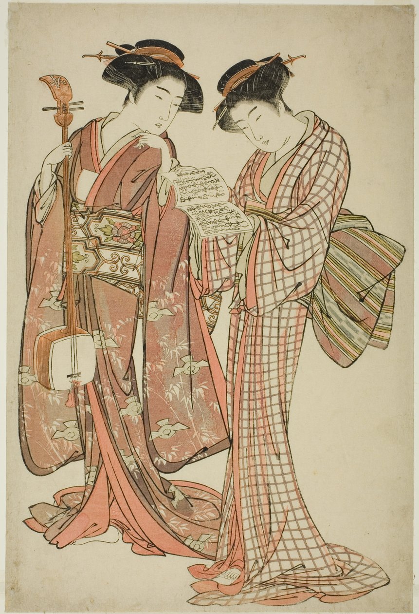 To geisha som holder en Shamisen og en sangbok av Kitao Shigemasa