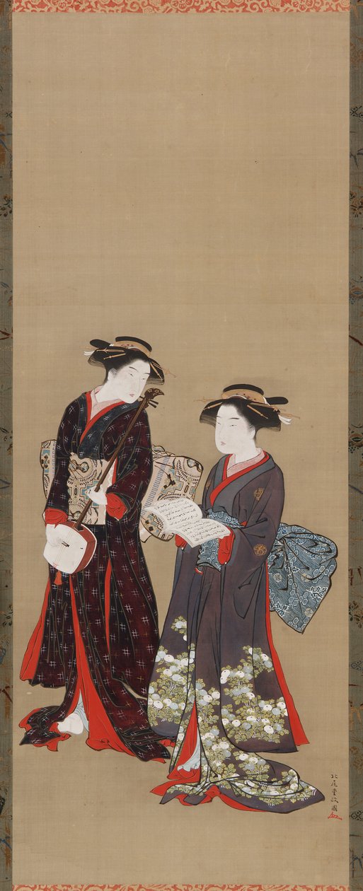 To jenter stående, den ene holder en åpen bok, 1615-1868. av Kitao Shigemasa