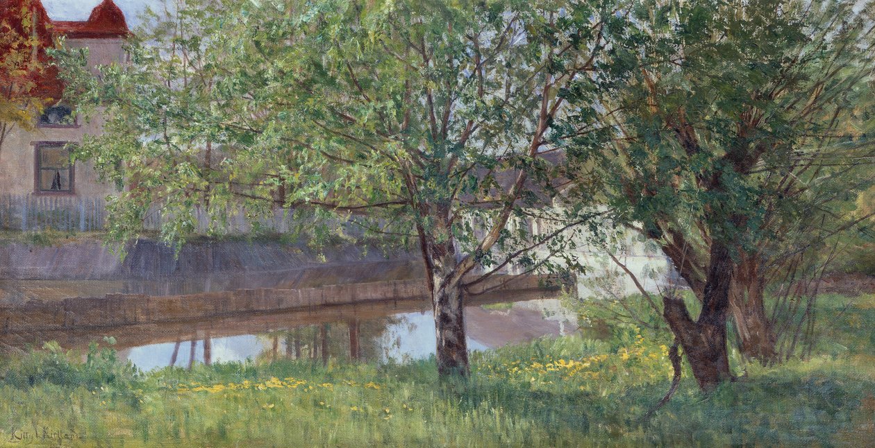 Kanaldel med hus og trær av Kitty Lange Kielland