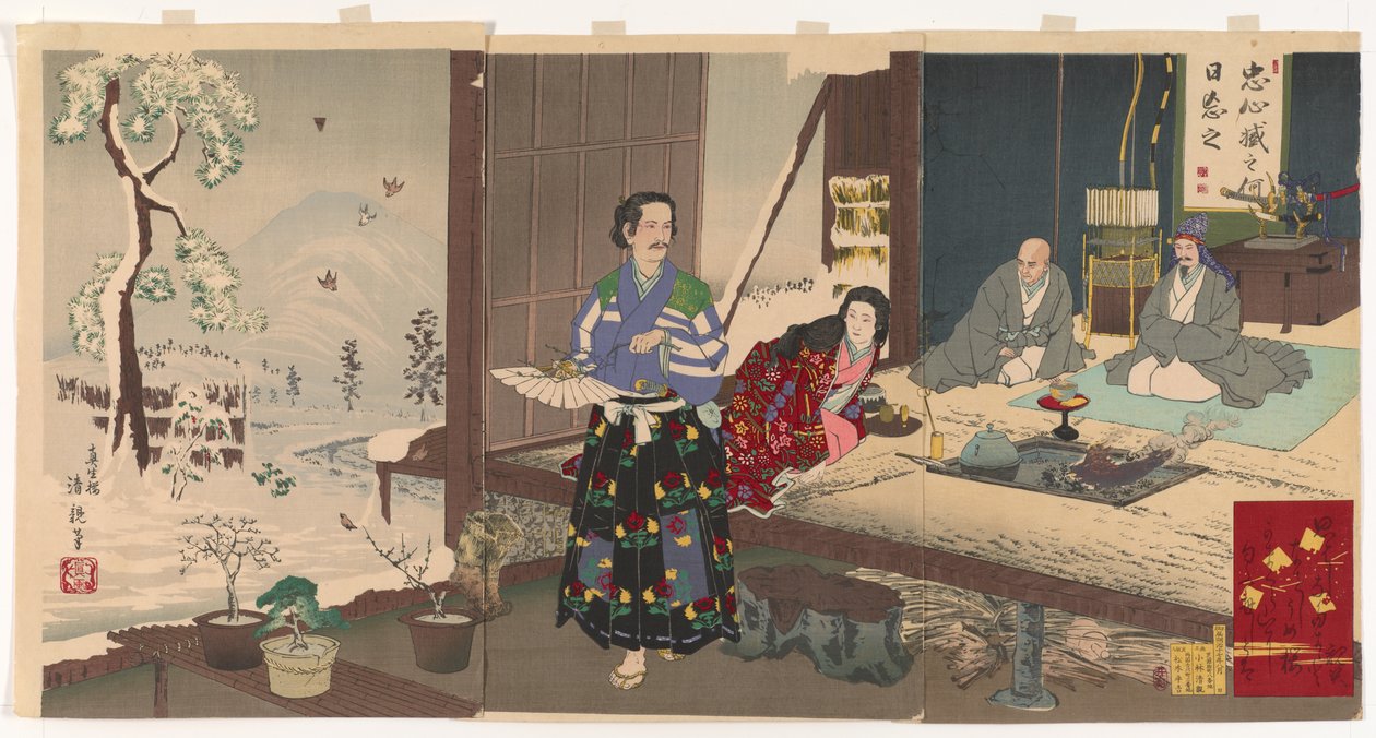 Chushingura, Yuranosuke i pensjonisttilværelse (treblokktrykk, blekk og farge på papir) av Kiyochika Kobayashi