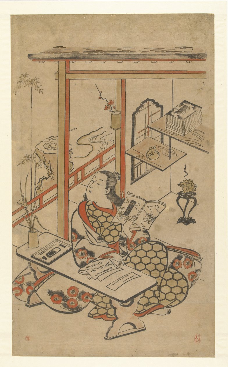 Kvinne ved bordet, leser Genjis fortelling. av Kiyomasu (I) , Torii (attributed to)
