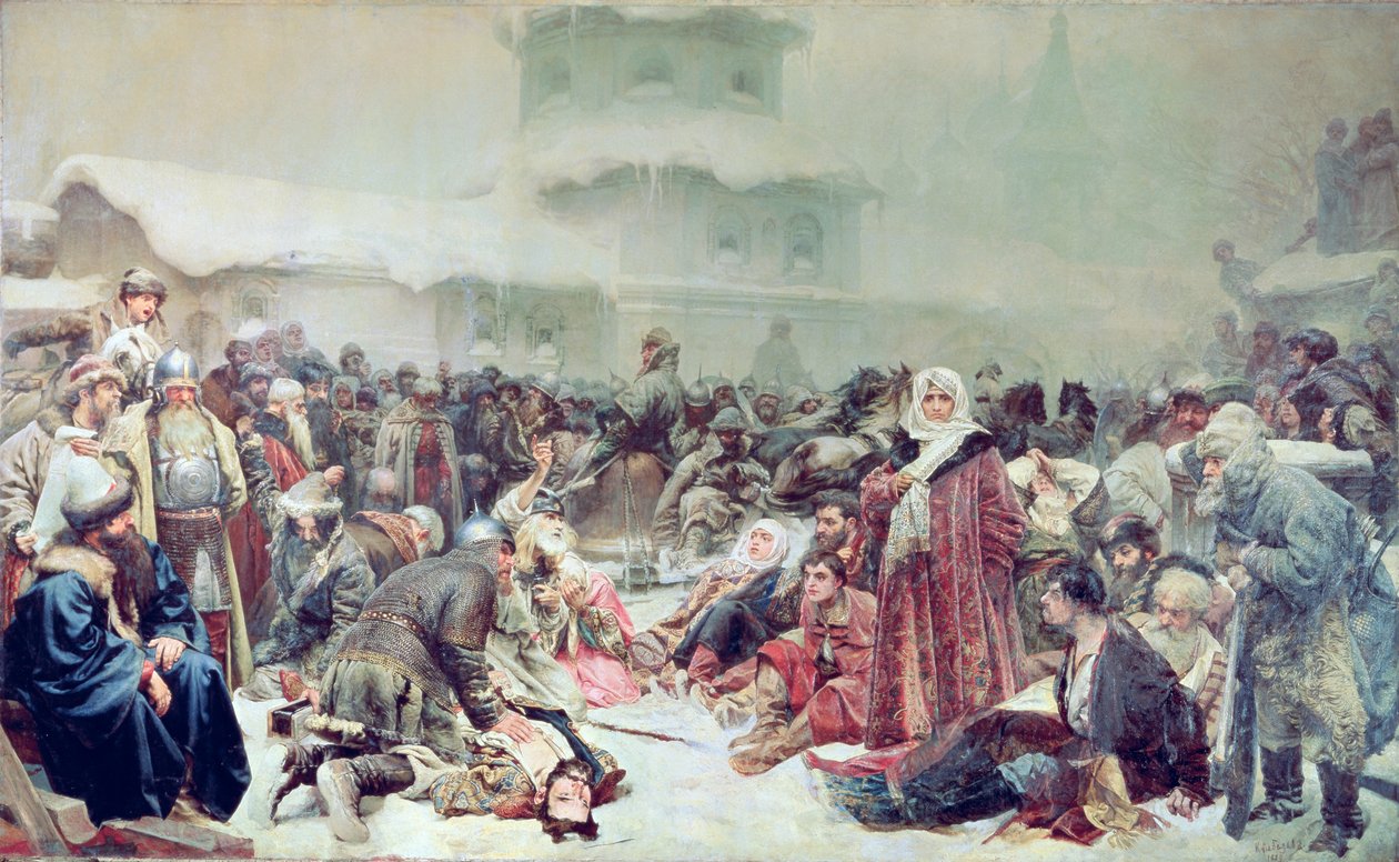 Ødeleggelse av Novgorod av tsar Ivan III (1440-1505) 1889 av Klavdiy Vasilievich Lebedev