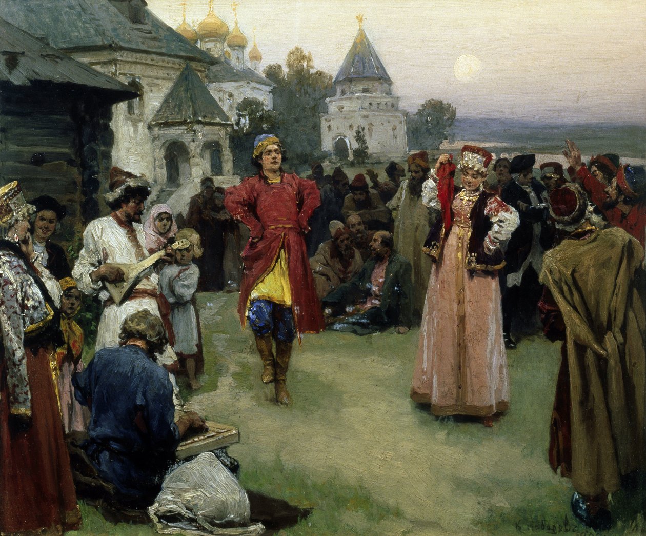 Dans (et par nygifte i tradisjonell kostymedans blant mengden landsbyboere om kvelden) (Dans) - Maleri av Klavdi Vasilyevich Lebedev (1852-1916), olje på papp (26x31 cm) av Klavdiy Vasilievich Lebedev