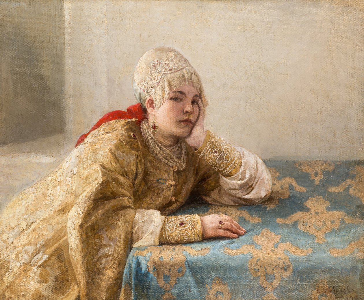 Fille de boyard (boiar) - Boyars datter, av Lebedev, Klavdi (Klavdy) (1852-1916). Olje på lerret av Klavdiy Vasilievich Lebedev