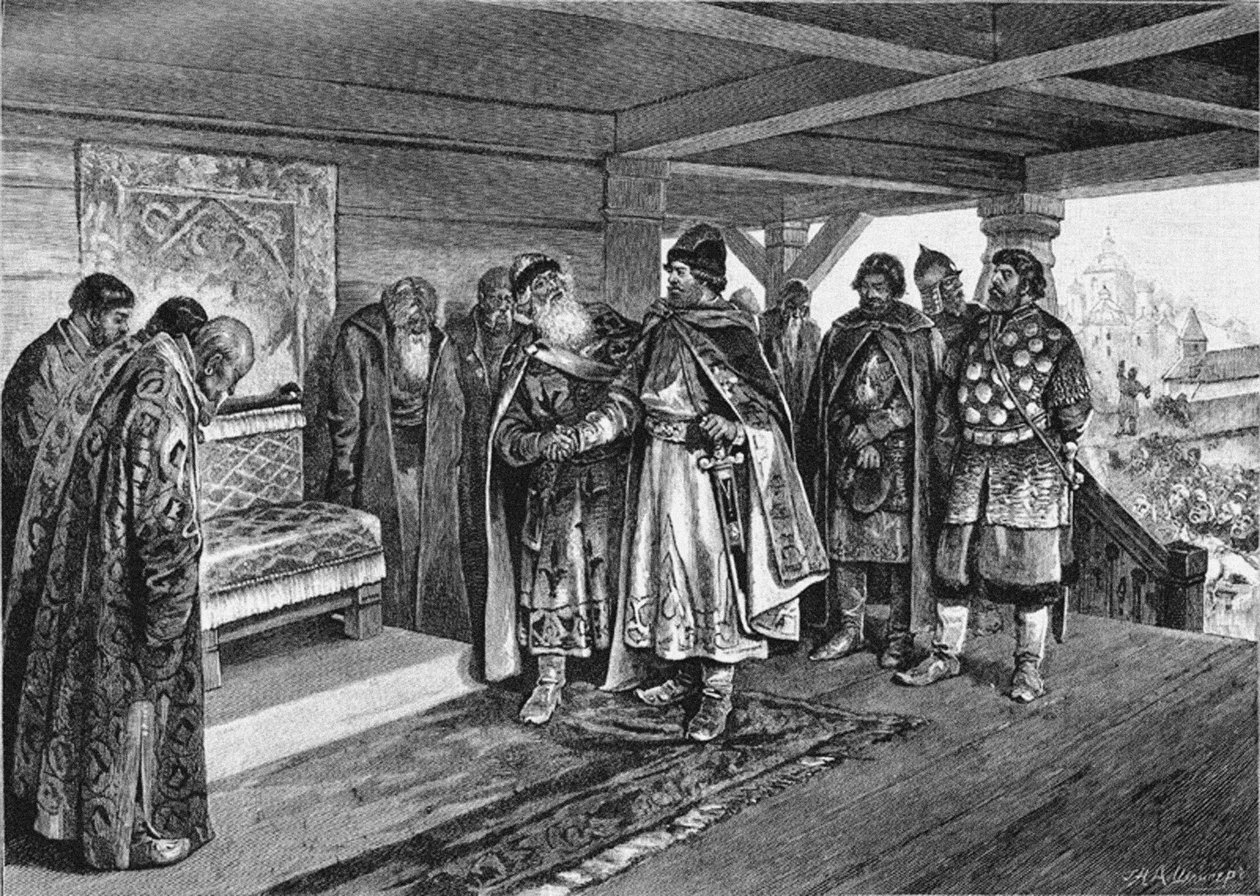 Izyaslav I Mstislavich og Vyacheslav I Vladimirovich, 1890 av Klavdiy Vasilievich Lebedev
