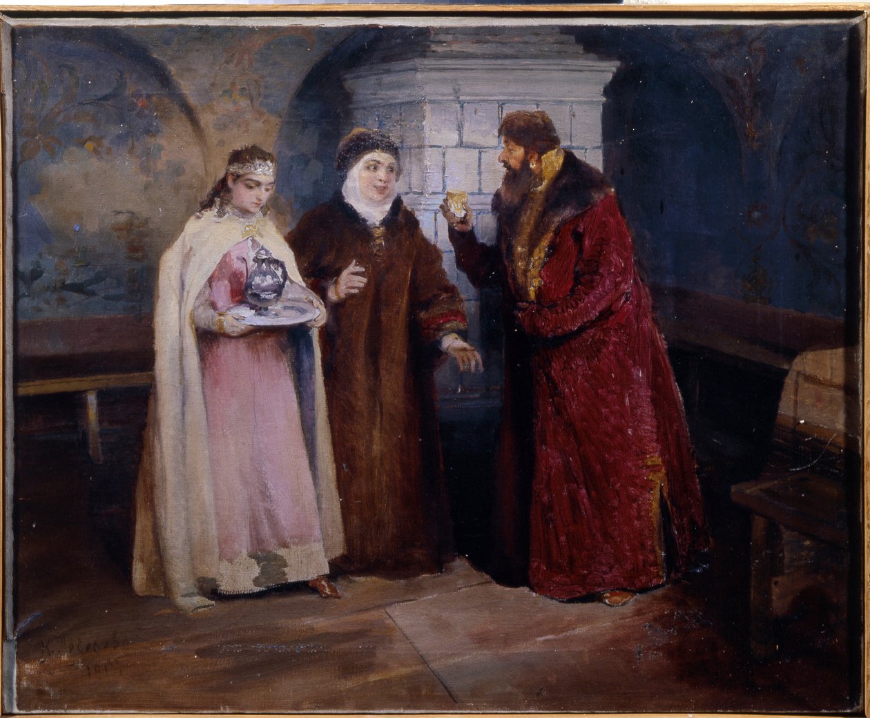 Å velge en brud. På Domostroi-tiden (1500-tallet) gir en mann sitt frieri til moren til en ung jente, som bærer en karaffel på et sølvbrett. Maleri av Klavdi Vasilyevich Lebedev (1852-1916), olje på av Klavdiy Vasilievich Lebedev