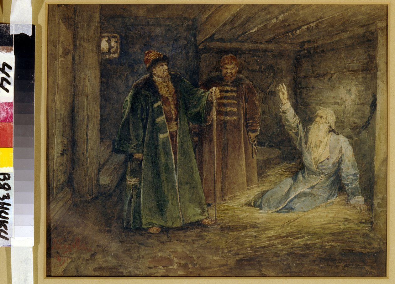 Le tsar Ivan IV le terrible (1530-1584) et Maliouta Skouratov (mort en 1573) visitant le Boyard (boiard, boiar) Morozov (?) i fengsel. (Tsar Ivan IV den grusomme og Malyuta Skuratov besøker Boyar Morosov). Peinture de Klavdi Vasilyevich Lebedev (1852-191 av Klavdiy Vasilievich Lebedev