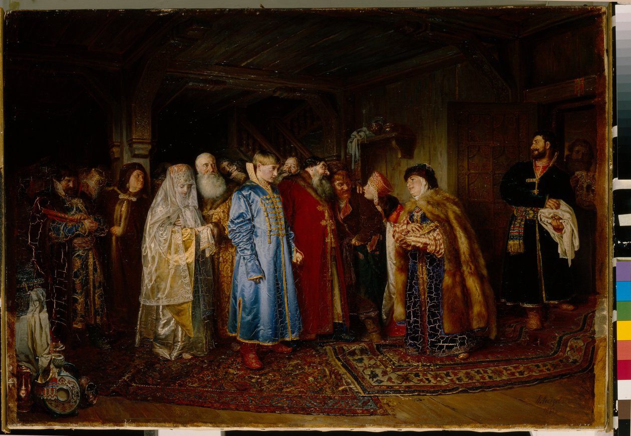 Boyar-bryllup (boyar, boyar) på 1500-tallet, bruden har på seg en kokochnik (Bojarens bryllup) - Olje på lerret av Klavdi Vasilyevich Lebedev (1852-1916) av Klavdiy Vasilievich Lebedev