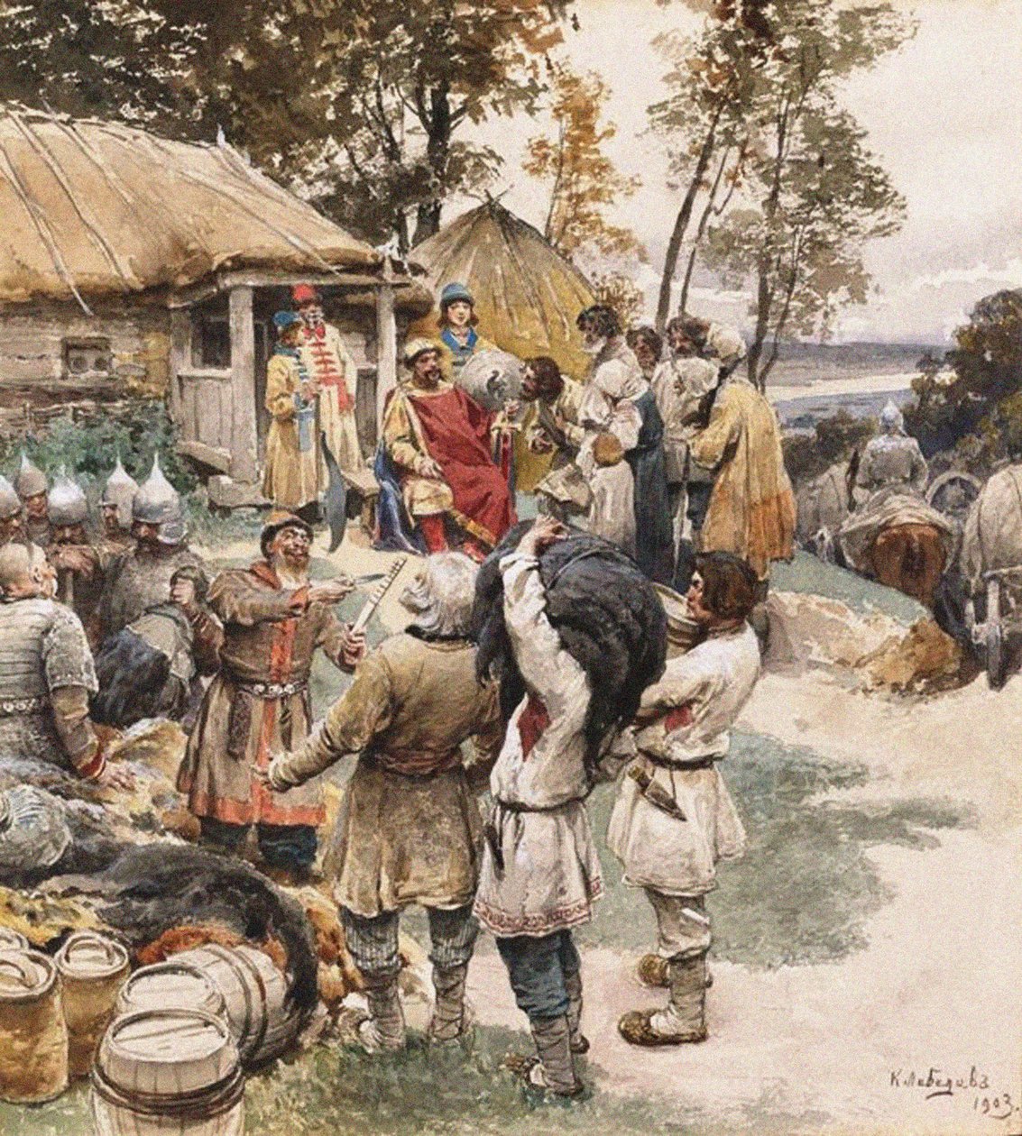 Poliudie Samler inn hyllest. Igor av Kiev eksakte hyllest fra Drevlyanerne, 1903 av Klavdiy Vasilievich Lebedev
