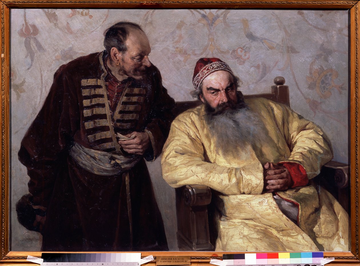 Une denunciation au Boyar (boiard, boiar) (To The Boyar With A Denunciation). I de urolige tidene (1598-1613) under tsar Ivan IV den grusomme (1530-1584), i storhertugdømmet Moskva, snakket en mann med et brettet papir i hånden. av Klavdiy Vasilievich Lebedev