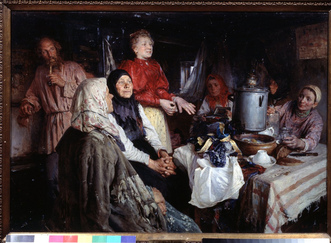 Besøk i huset (Et hjemmebesøk). Maleri av Klavdi Vasilyevich Lebedev (1852-1916), olje på lerret av Klavdiy Vasilievich Lebedev