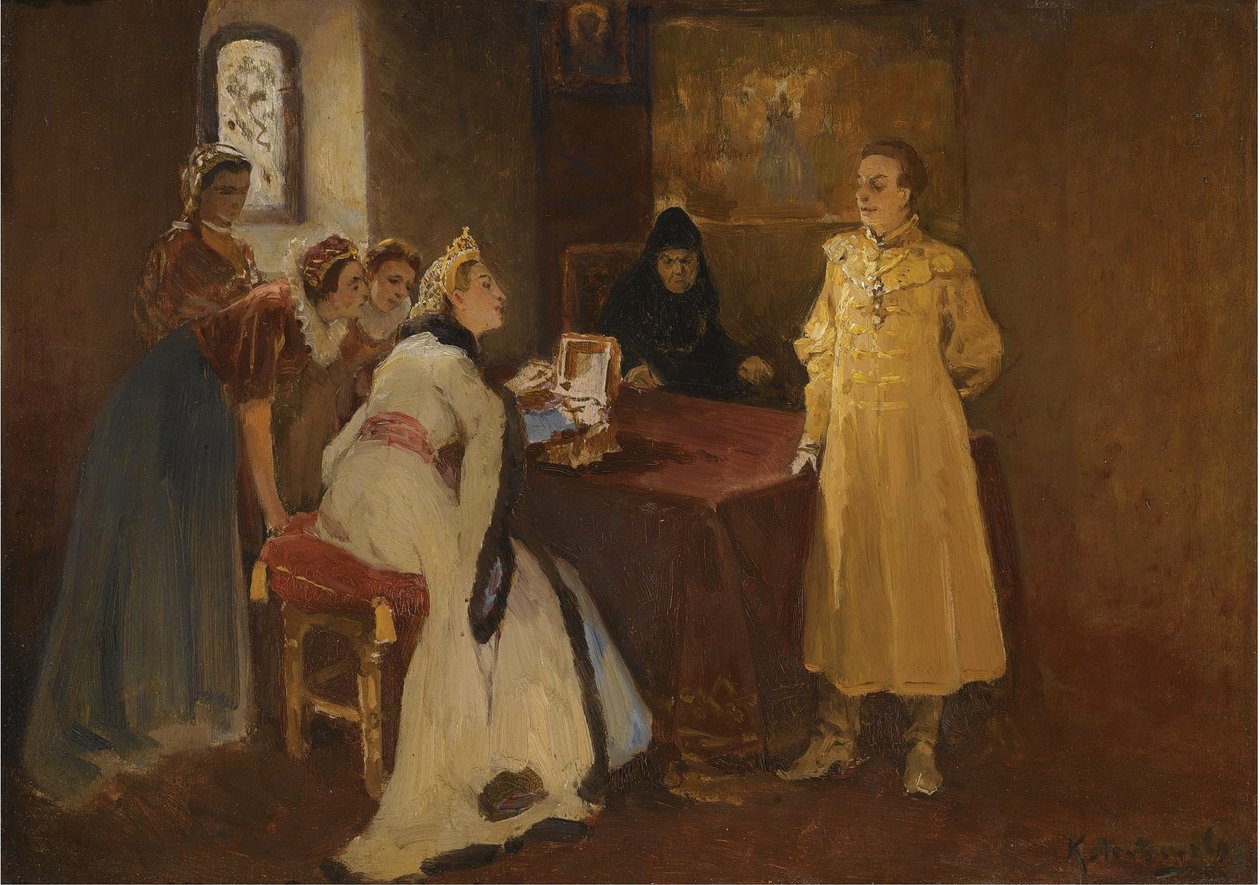 Ksenia Godunova og False Dmitry av Klavdiy Vasilievich Lebedev