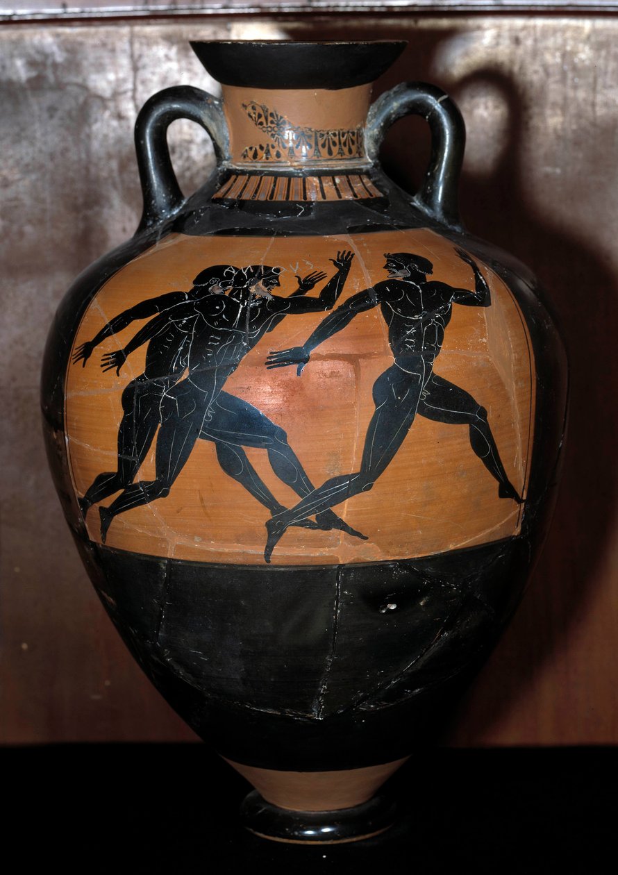 Gresk kunst: Panathenaisk keramisk amfora med svarte figurer som representerer idrettsutøvere som løper. Keramikk av maleren av Cleophrades (begynnelsen av det 5. århundre f.Kr.). 500 f.Kr. Dim. 0,55x0,41 m. av Kleophrades Painter (fl.500 475 BC)