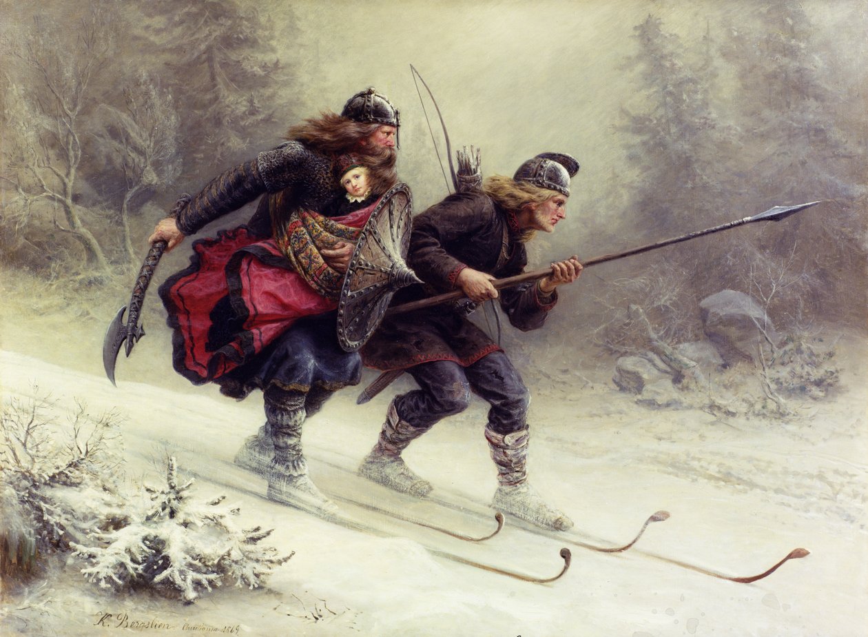 Soldiers for the Norwegian King Sverre, Torstein Skevla and Skjervald Skrukka carrying the king