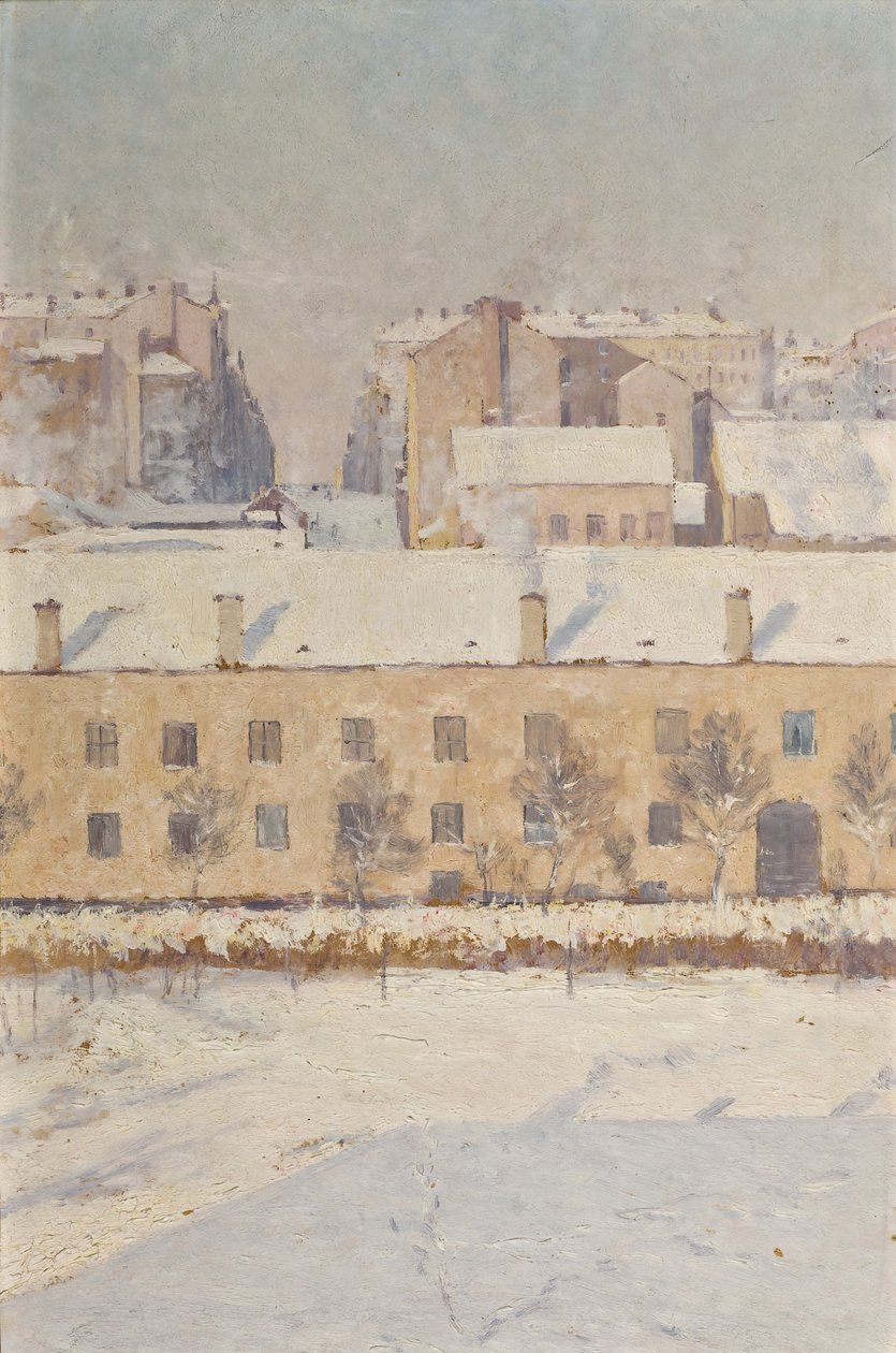 En vinterscene. Motiv fra Sør-Stockholm, 1886 (olje på papir) av Knut Axel Lindman