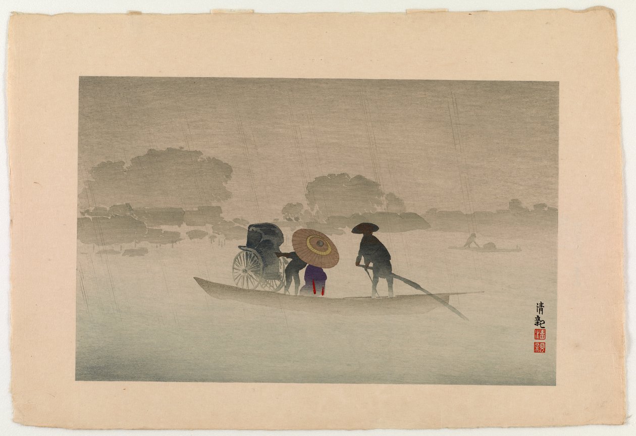 Takeya ferge ved Matsuchichiyama i vårregnet, 1929 (farget treblokktrykk) av Kobayashi Kiyochika