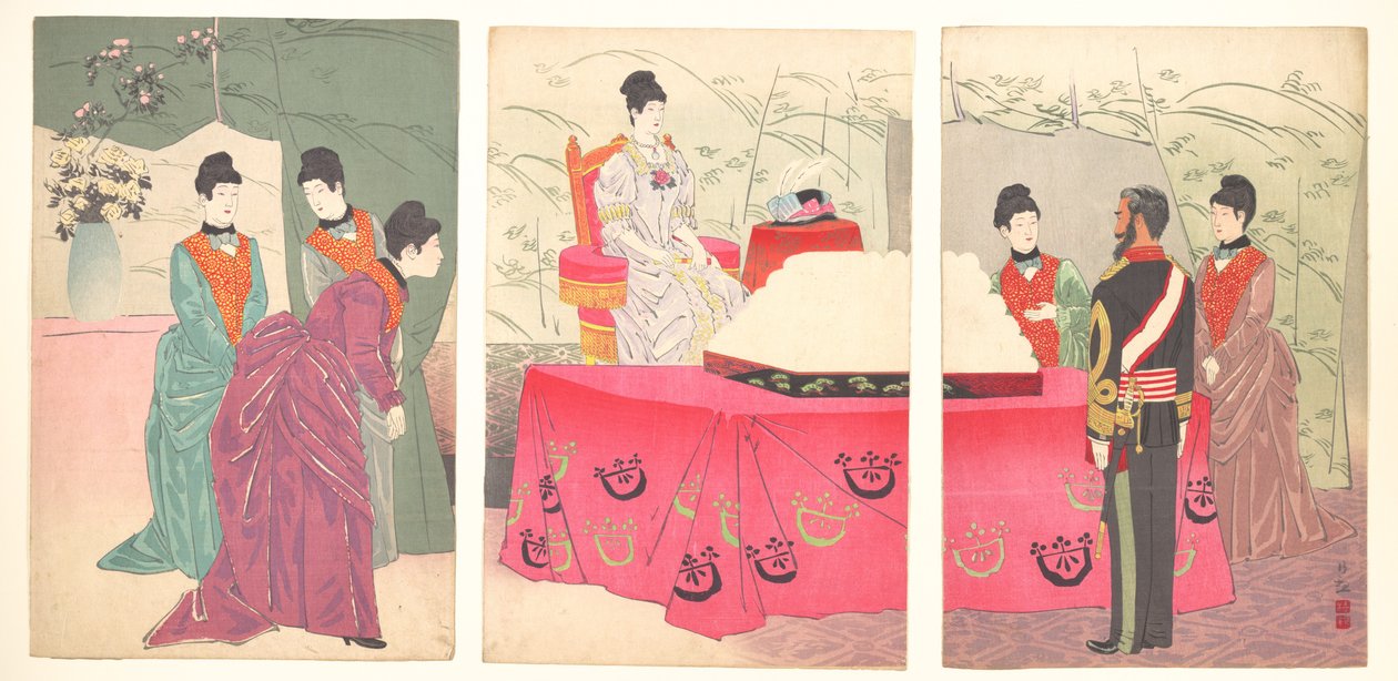 Illustrasjon av keiserinnens besøk ved generalstabens hovedkvarter [for å overrekke et brett med bandasjer] (Sanbō honbu gyōkei no zu) av Kobayashi Kiyochika