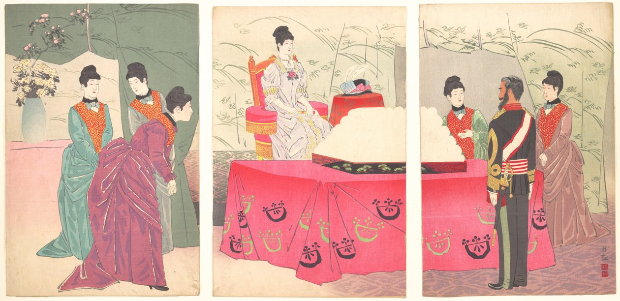 Illustrasjon av keiserinnen som besøker generalstabens hovedkvarter [for å presentere et brett med ..., 1895. av Kobayashi Kiyochika